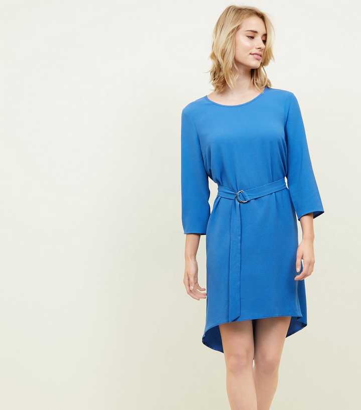 Blue Crepe Belted Dip Hem Tunic Dress 