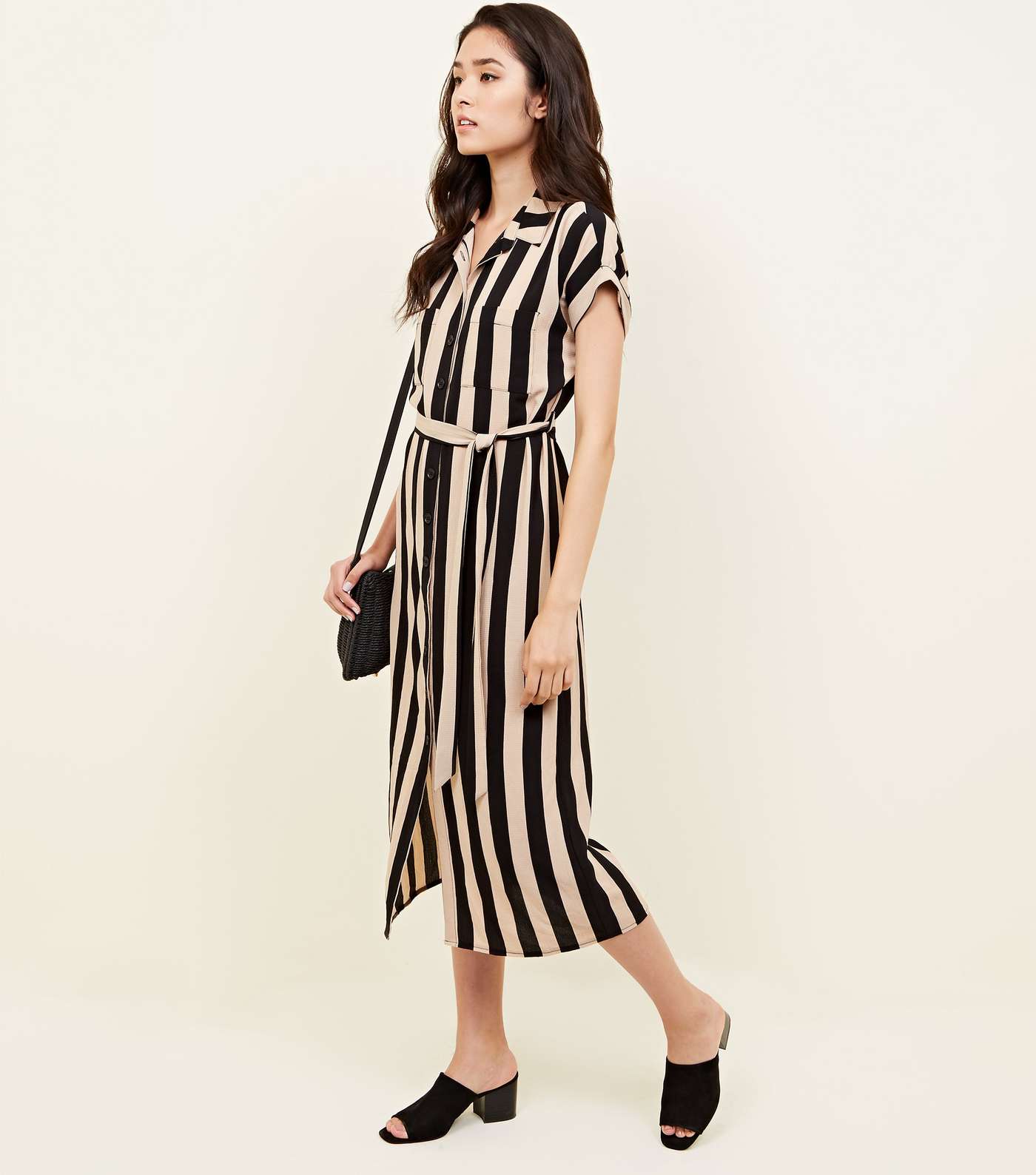 Black Stripe Midi Shirt Dress 