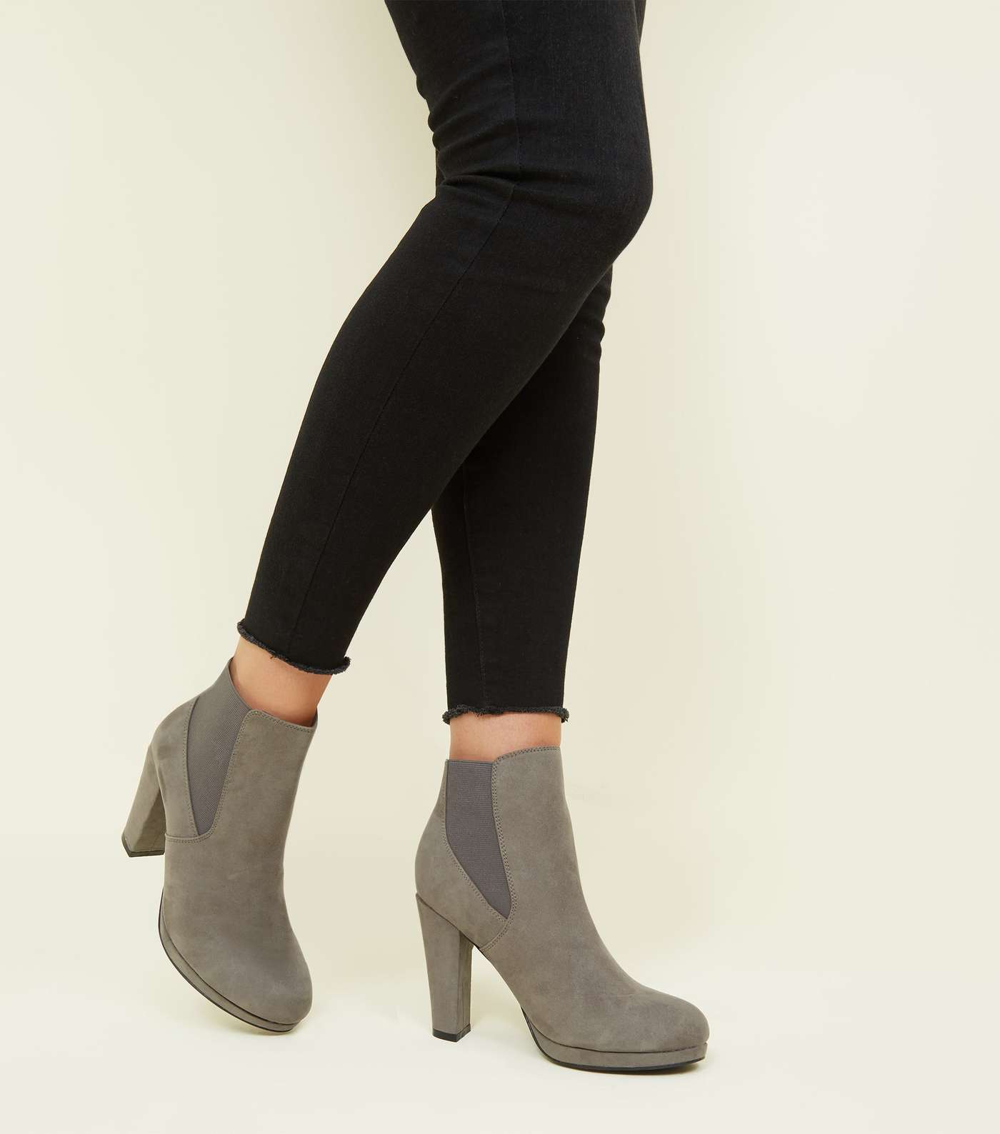 Grey Elasticated Block Heel Boots Image 2