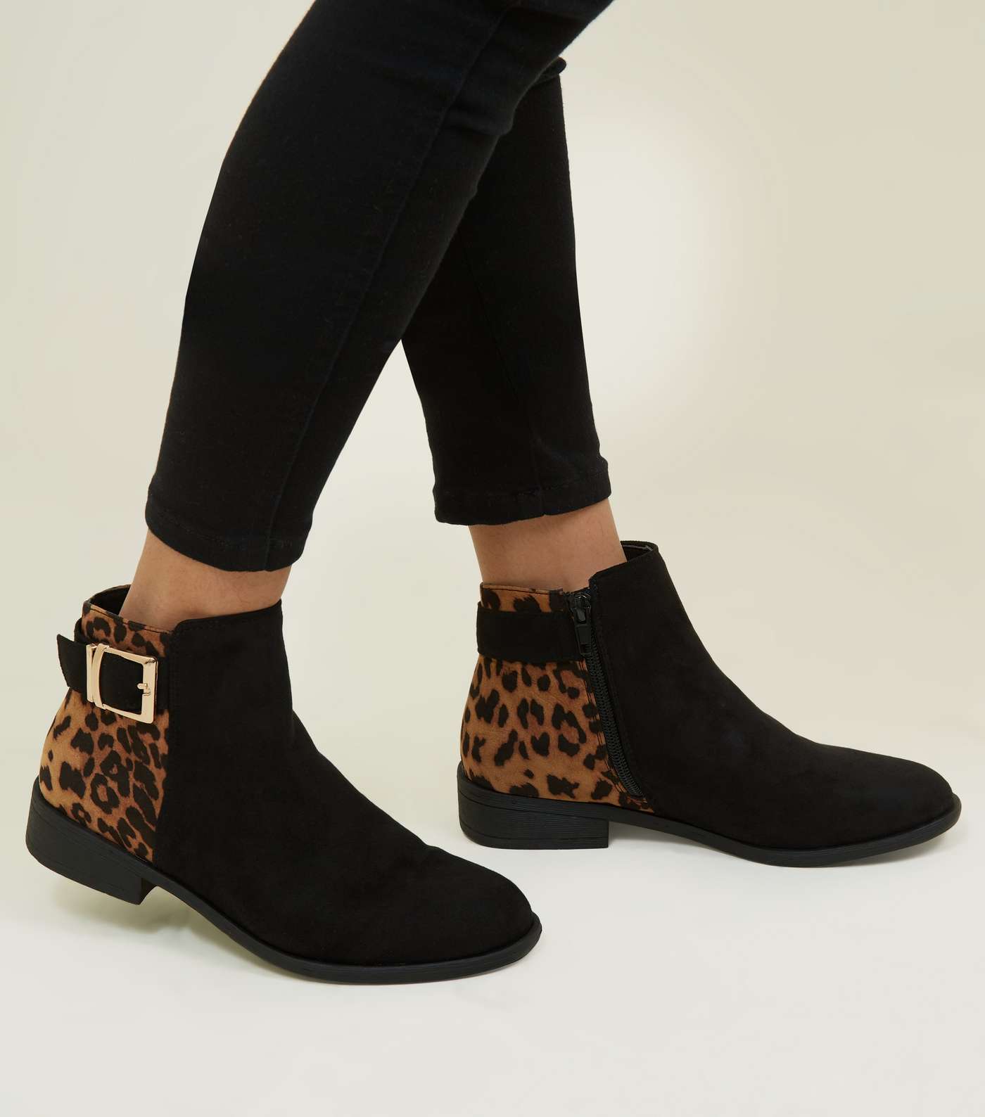 Girls Black Faux Leopard Print Buckle Boots Image 2