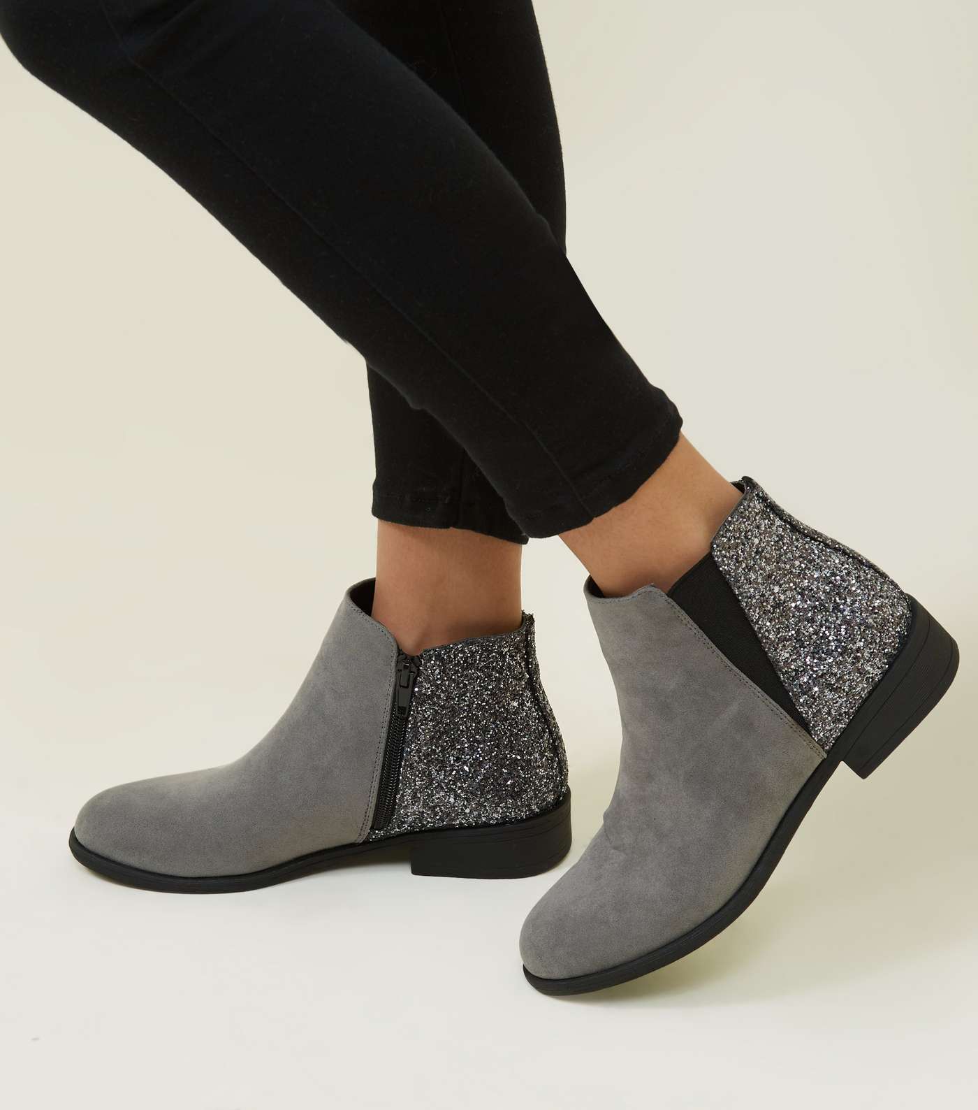 Girls Grey Glitter Panel Ankle Boots  Image 2