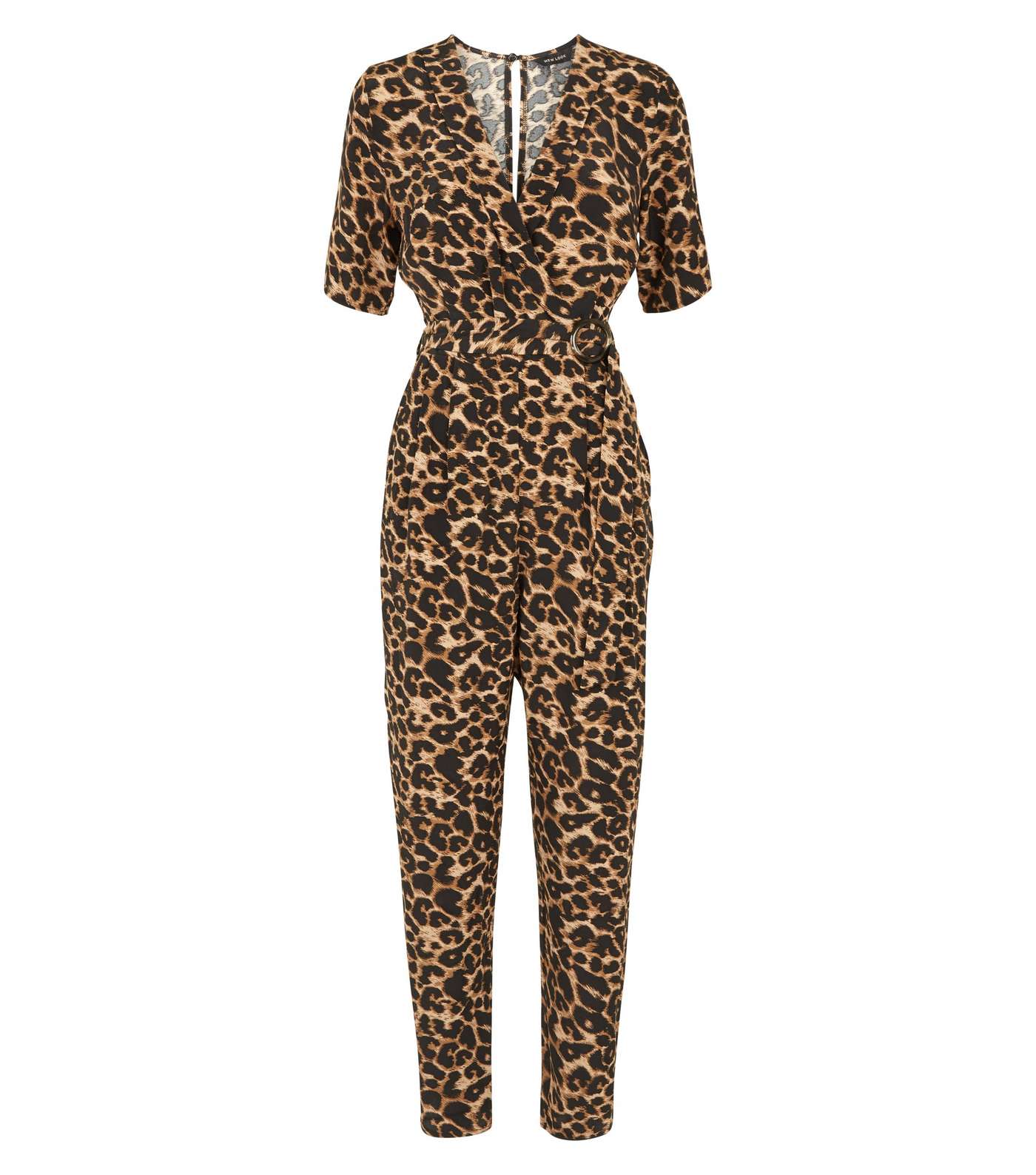 Brown Leopard Print Revere Collar Wrap Jumpsuit  Image 4