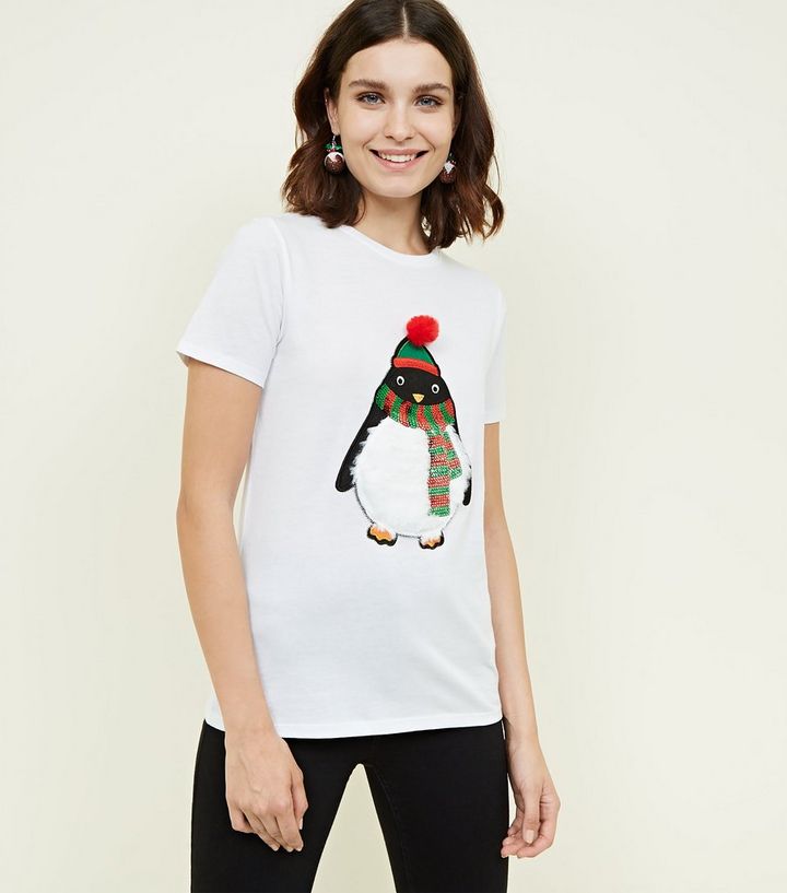 T Shirt Blanc De Noel A Pingouin En Fausse Fourrure New Look