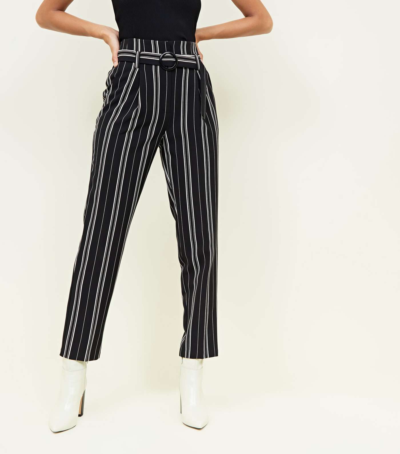 Black Stripe Belted Tapered Trousers Image 2