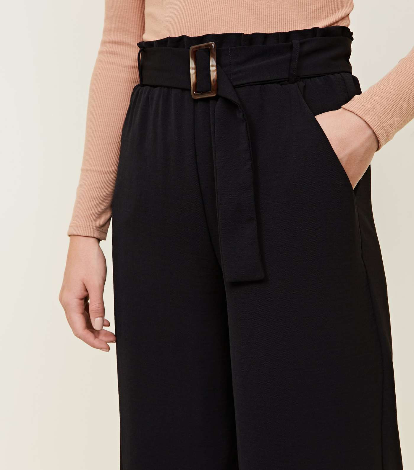Black Cropped Waist Buckle Culottes  Image 5
