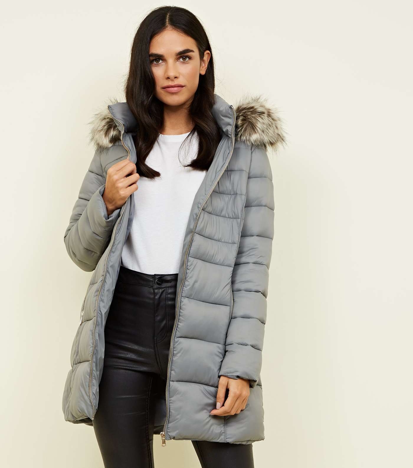 Grey Removable Hood Belted Longline Puffer Coat