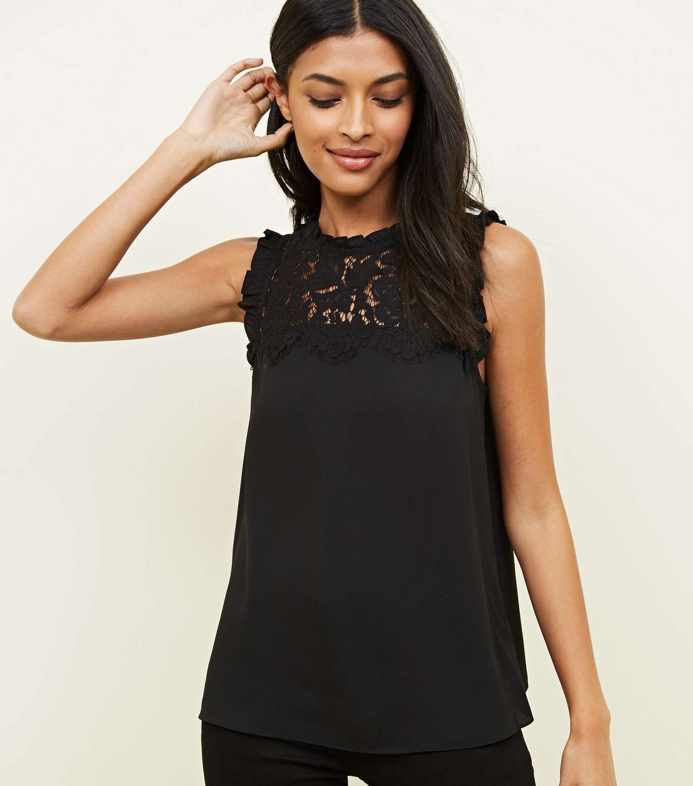 Black Lace Front Frill Sleeve Top