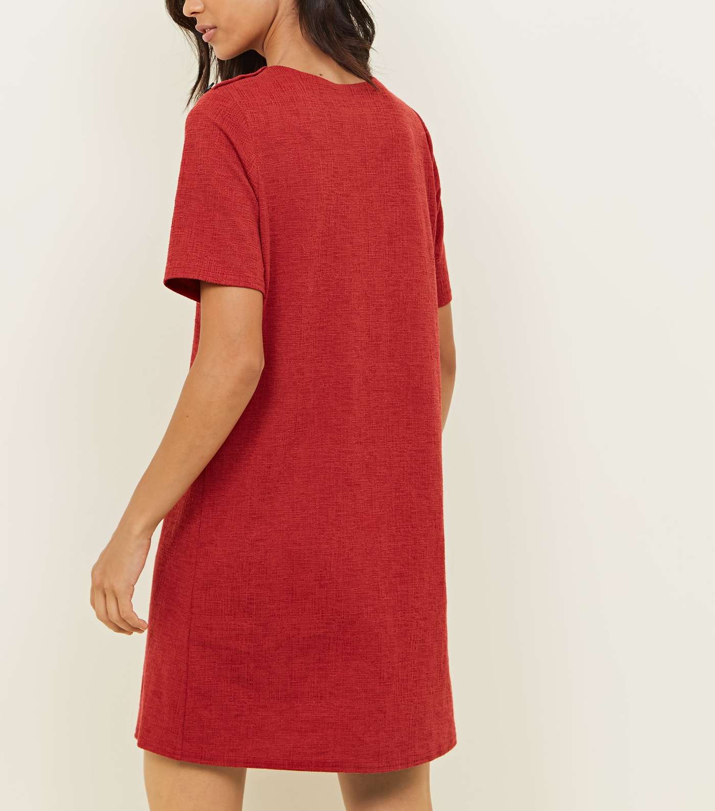 Red Crosshatch Button Shoulder Tunic Dress Image 3