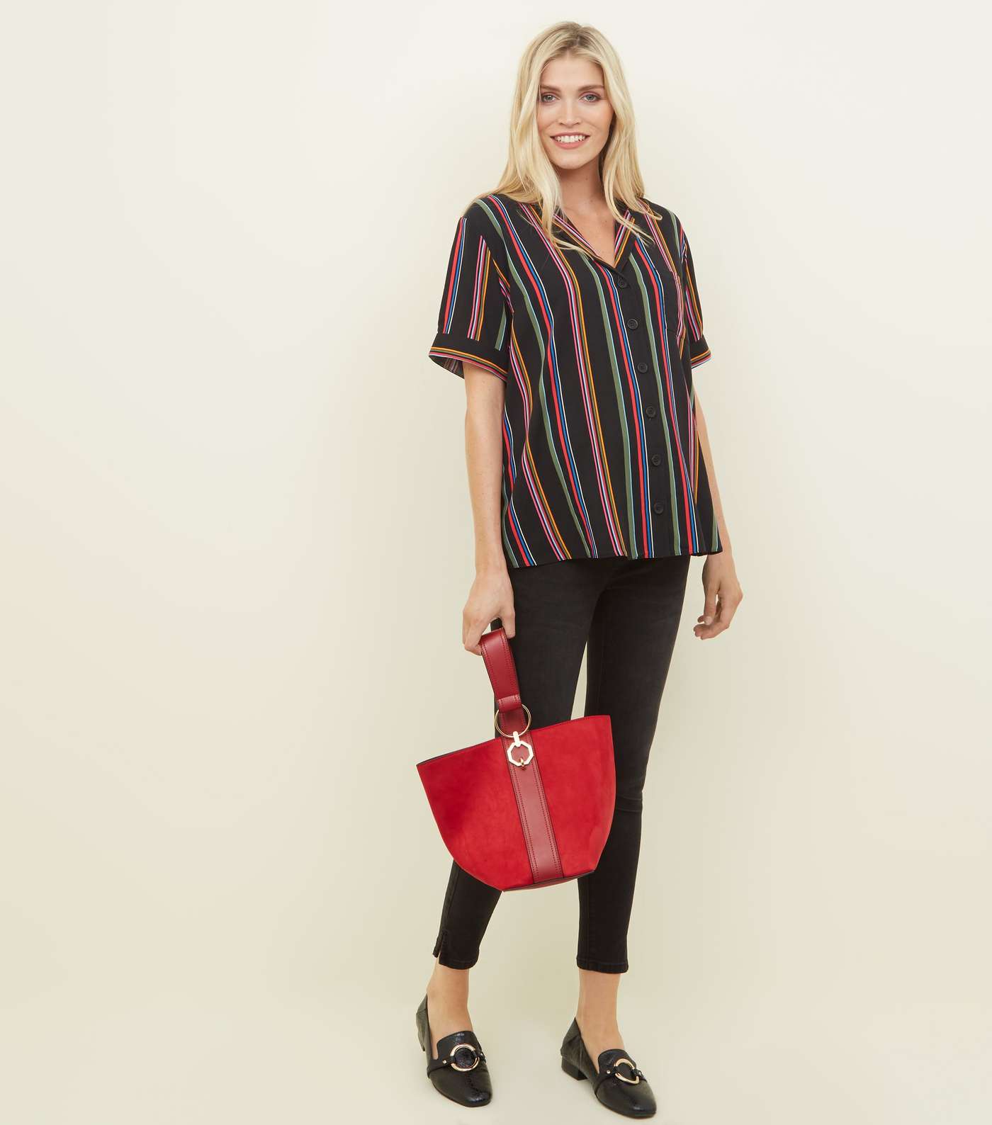 Maternity Black Rainbow Stripe Short Sleeve Shirt  Image 2