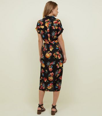 black floral belted midi dress