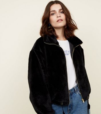 black faux fur zip up jacket