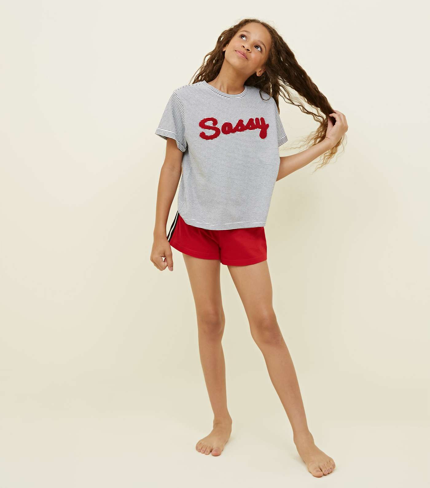 Girls Red and Grey Stripe Chenille Sassy Pyjama Set