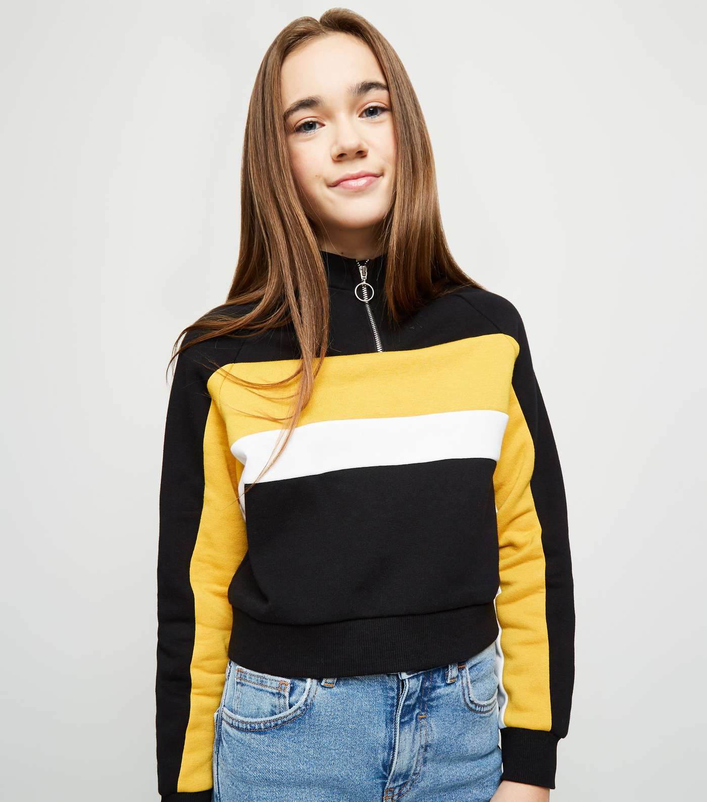 Girls Yellow Funnel Neck Zip Colour Block Sweatshirt 