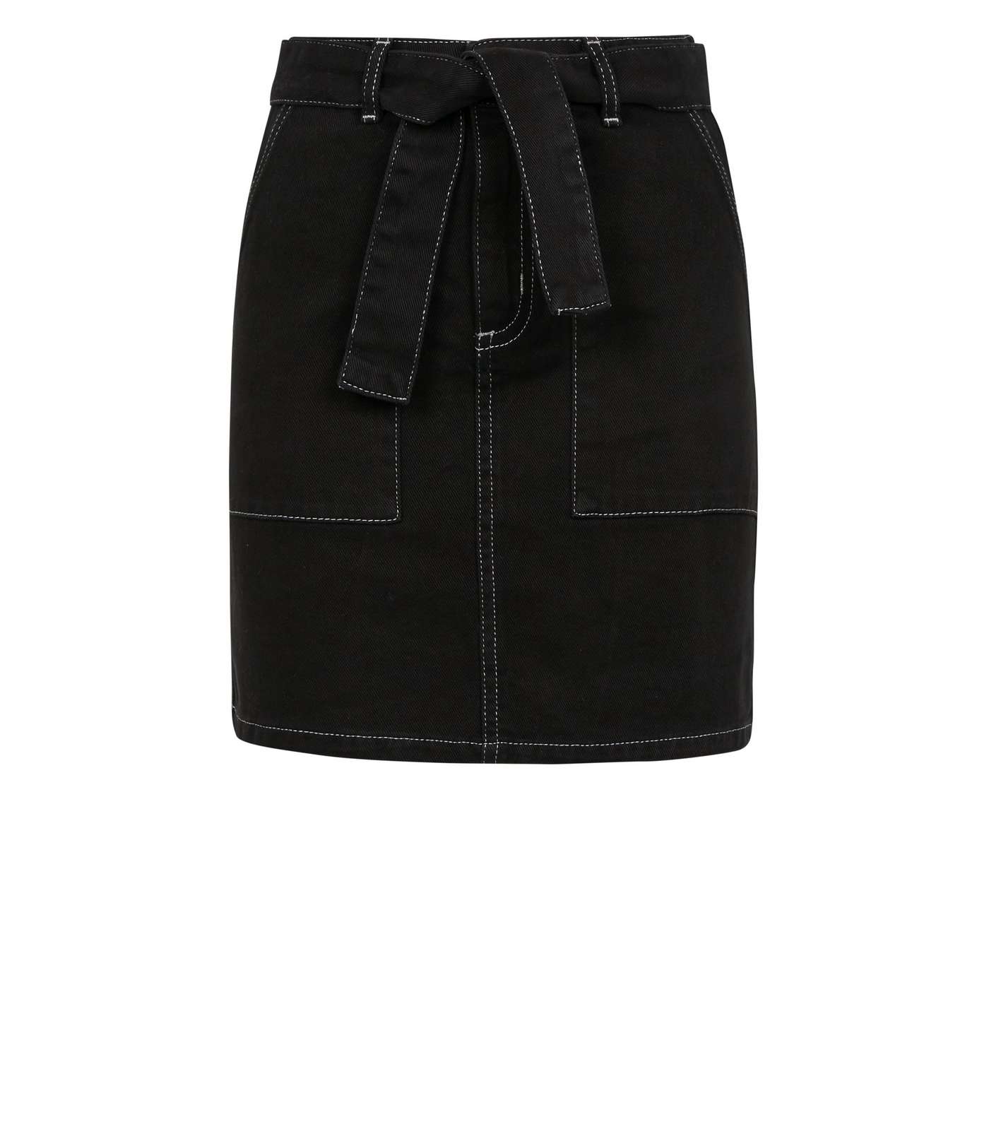 Black Contrast Stitch Tie Waist Denim Skirt  Image 4