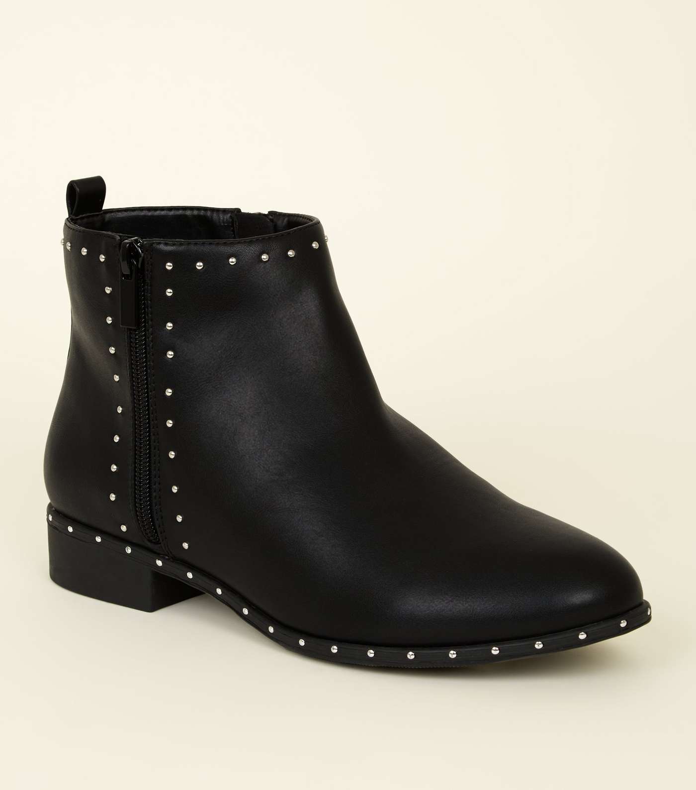 Wide Fit Black Zip Studded Ankle Boots