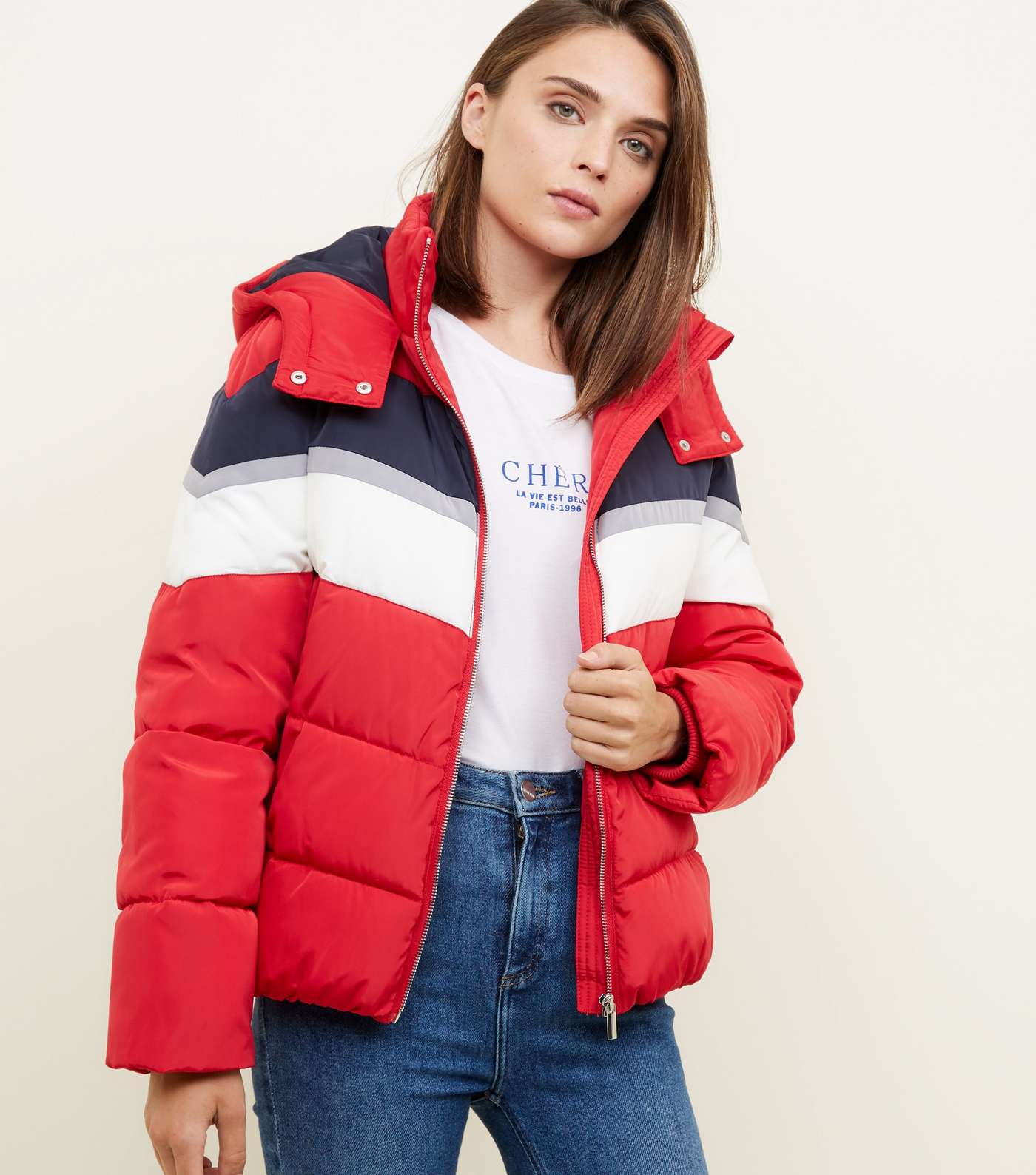 Red Colour Block Puffer Jacket