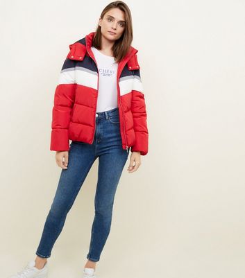 Red puffer shop coat new look