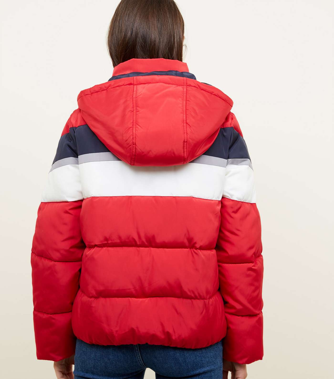 Red Colour Block Puffer Jacket Image 3