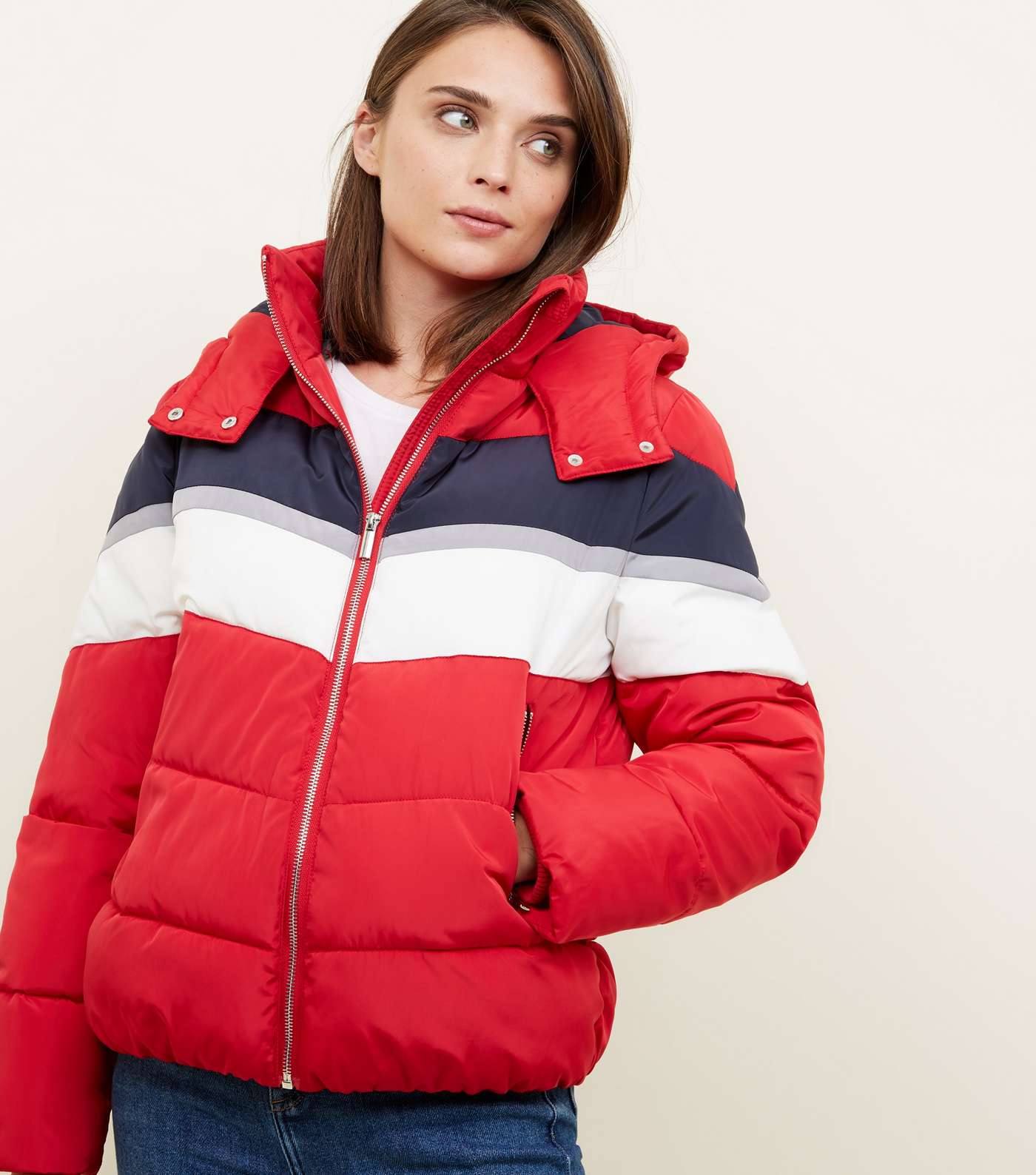 Red Colour Block Puffer Jacket Image 5