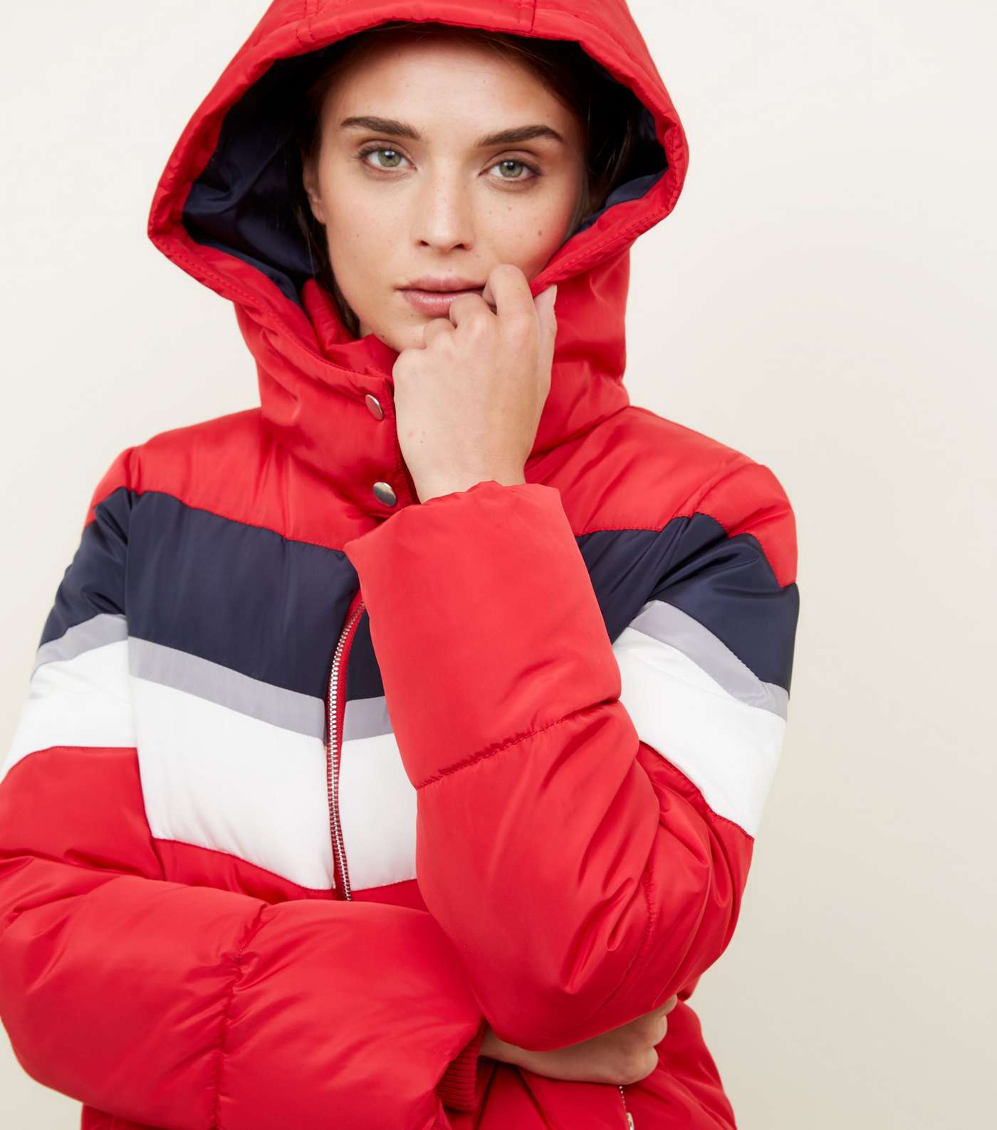 Red Colour Block Puffer Jacket Image 7