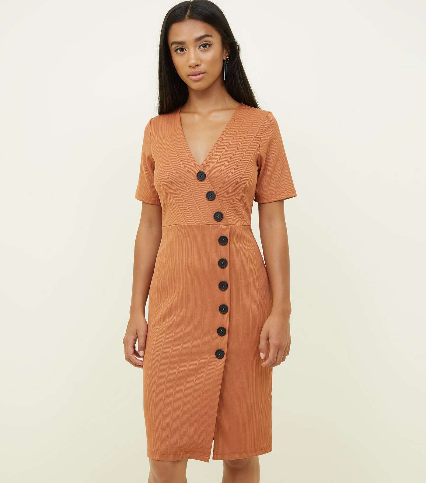 Petite Rust Ribbed Jersey Button Wrap Bodycon Dress