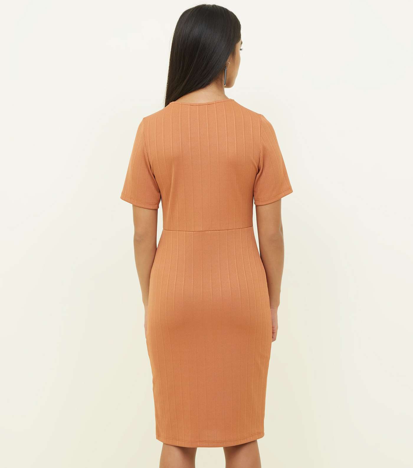 Petite Rust Ribbed Jersey Button Wrap Bodycon Dress Image 3