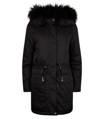 black pelted faux fur parka jacket