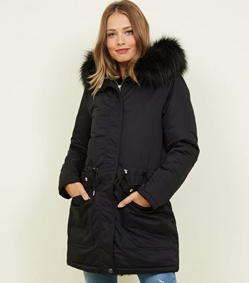 black pelted faux fur parka jacket