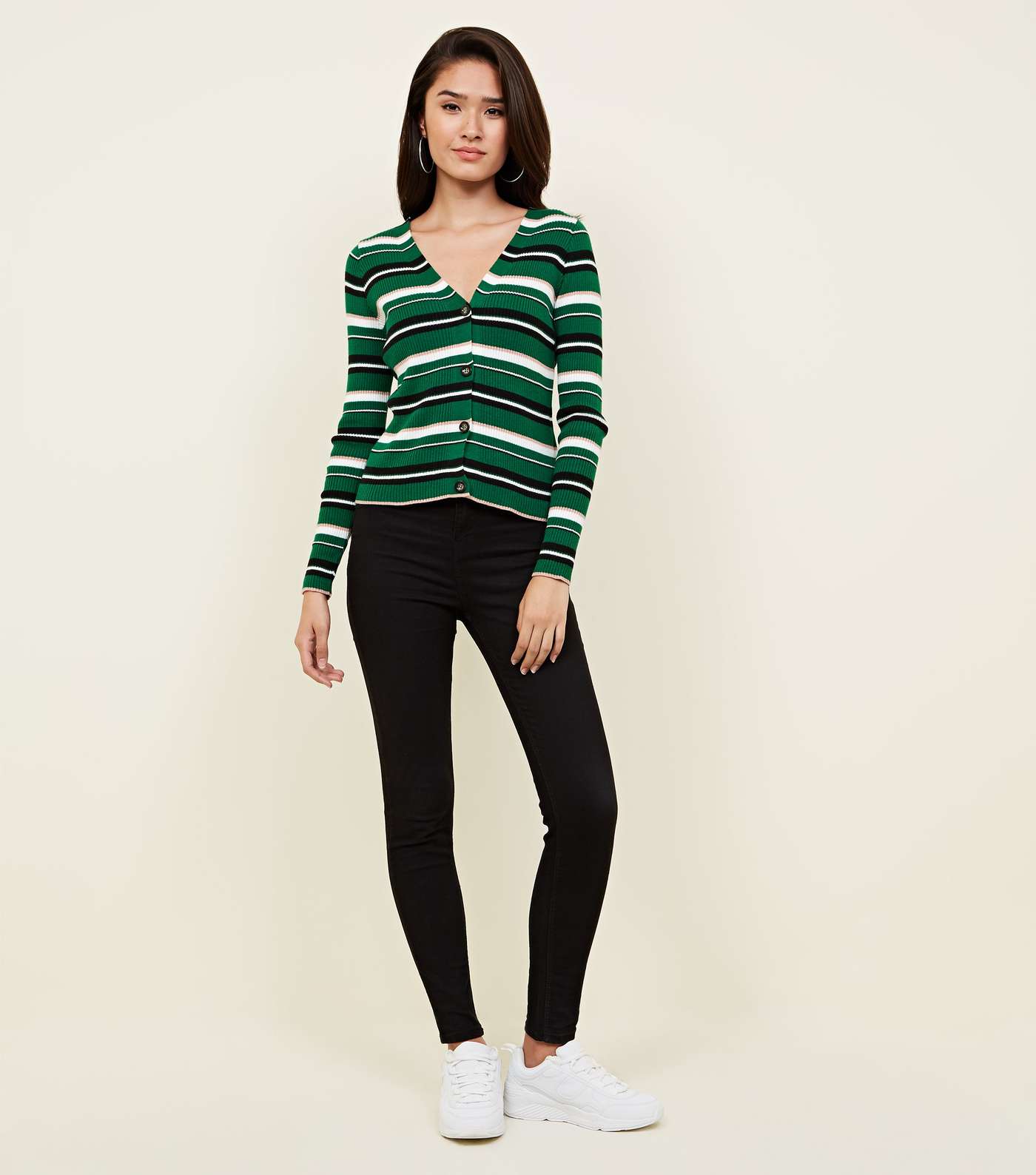 Green Multi Stripe Ribbed Cardigan