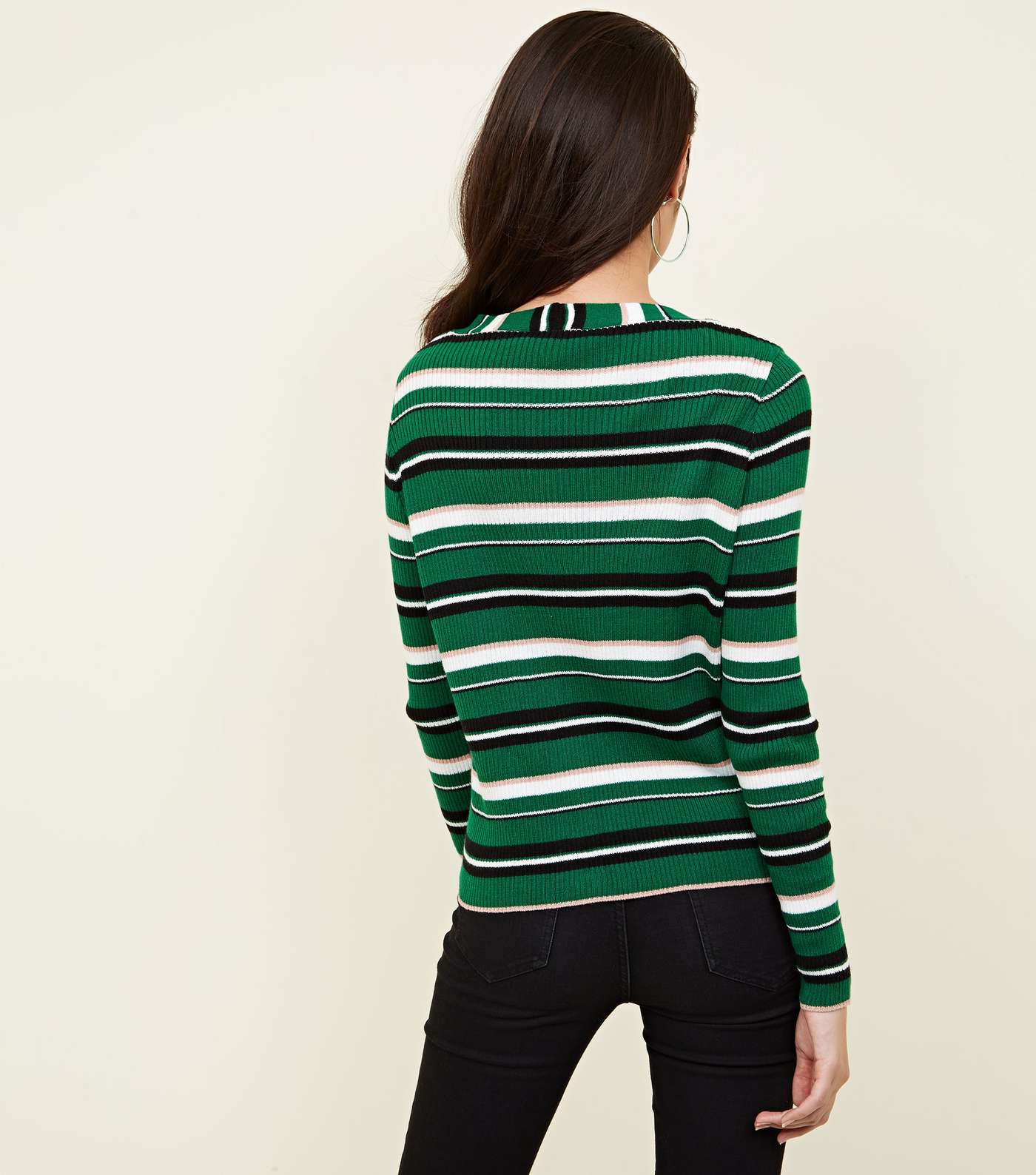 Green Multi Stripe Ribbed Cardigan Image 3