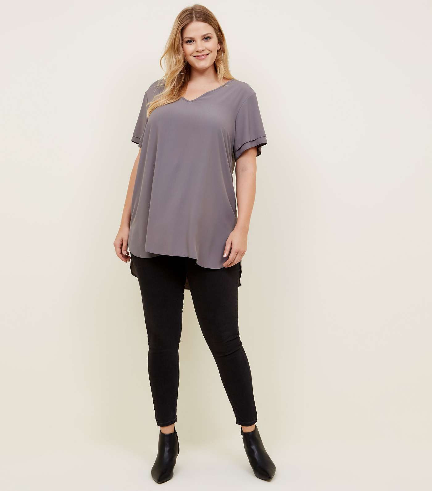 Curves Grey Tiered Sleeve Tunic Top Image 2