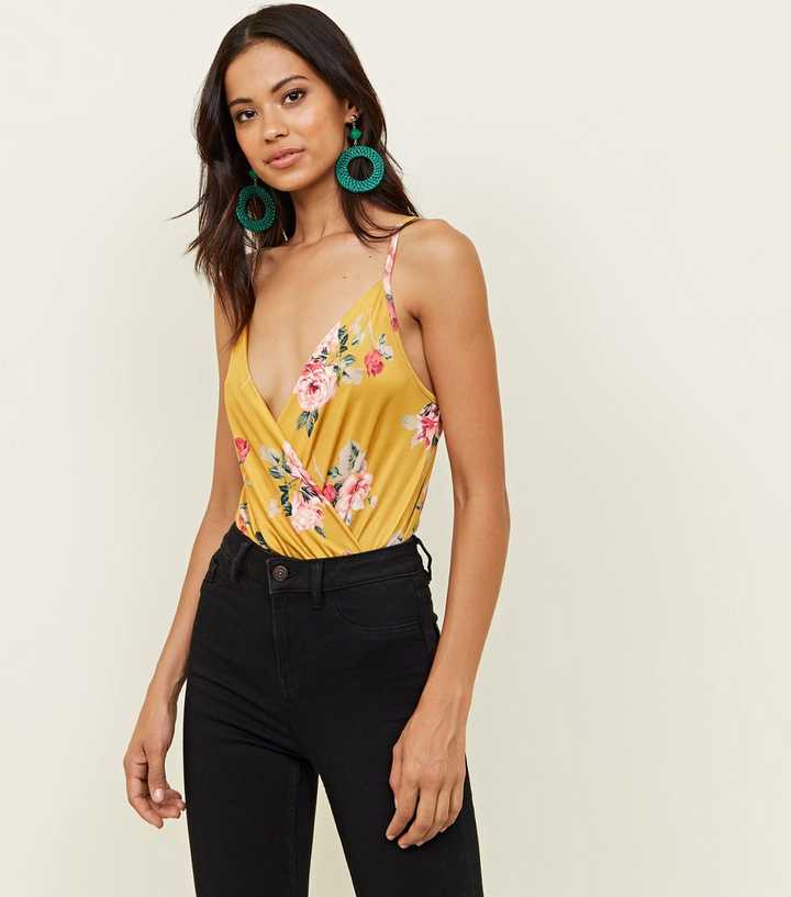 Yellow Floral Slinky Wrap Front Bodysuit
