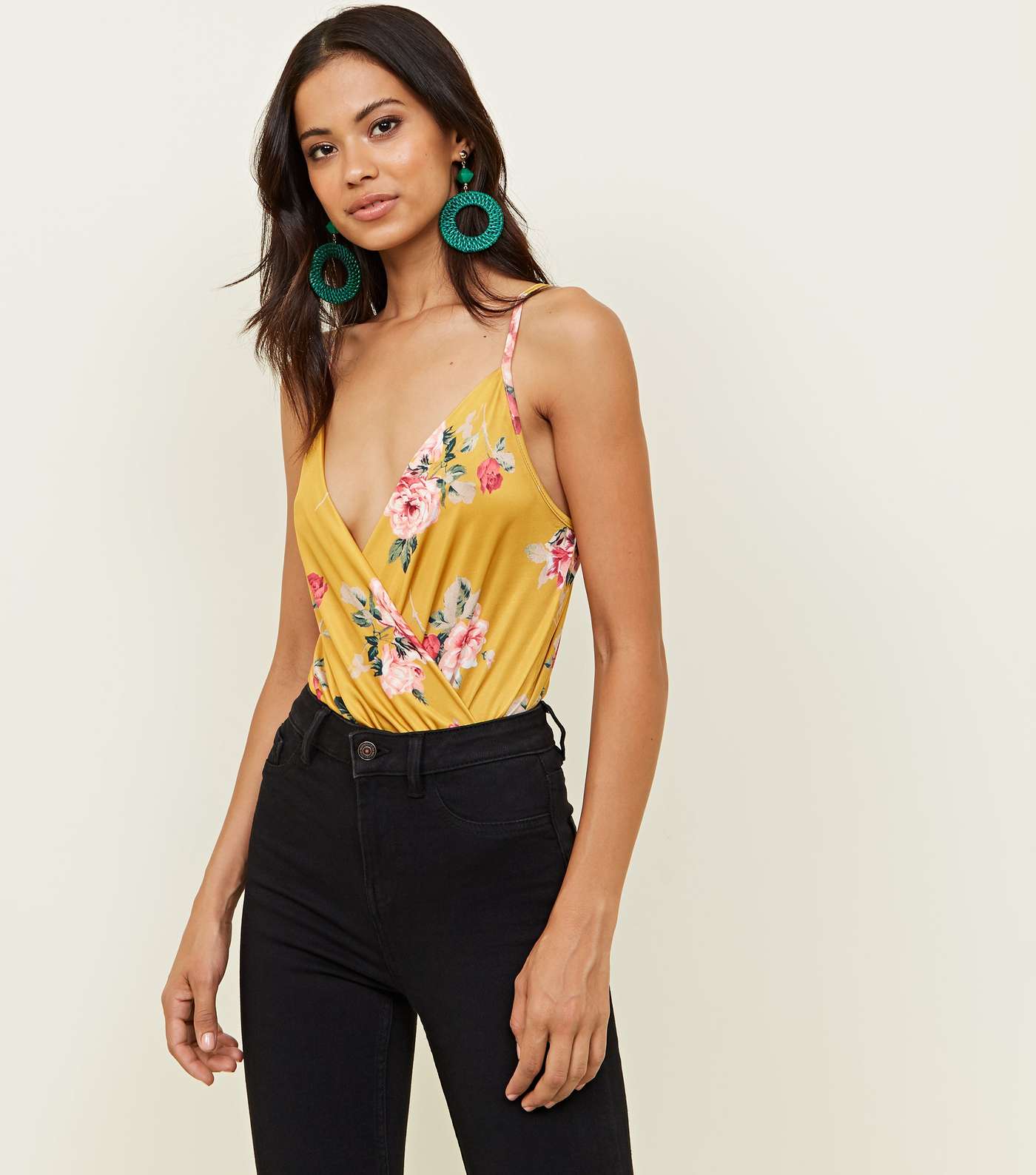 Yellow Floral Slinky Wrap Front Bodysuit