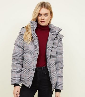 grey checked puffer jacket