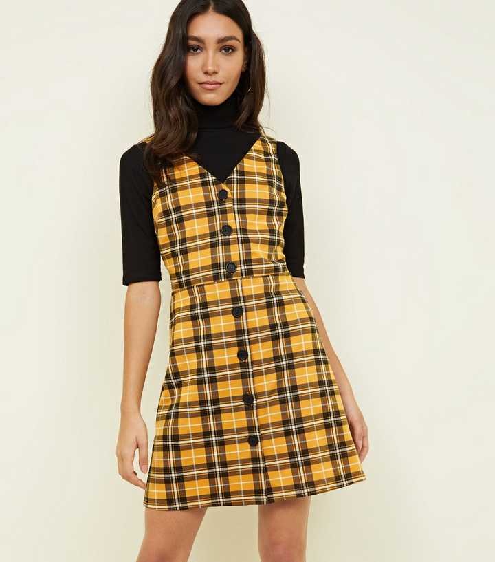 Yellow Check Button Through Pinafore Dress | New Look