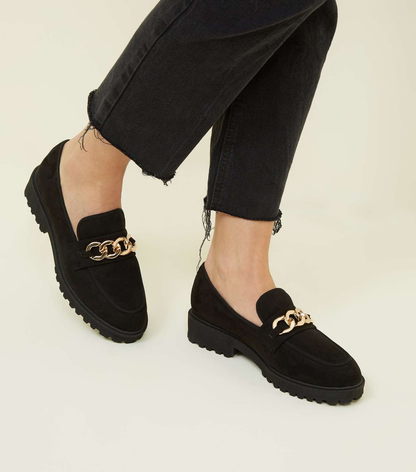 Black Suedette Chain Trim Chunky Loafers Image 2