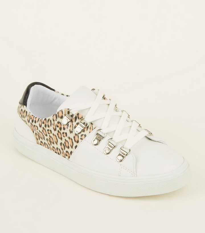 White Leopard Print Trim Lace Up Trainers