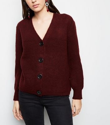 Burgundy Rib Knit Button Through Cardigan New Look