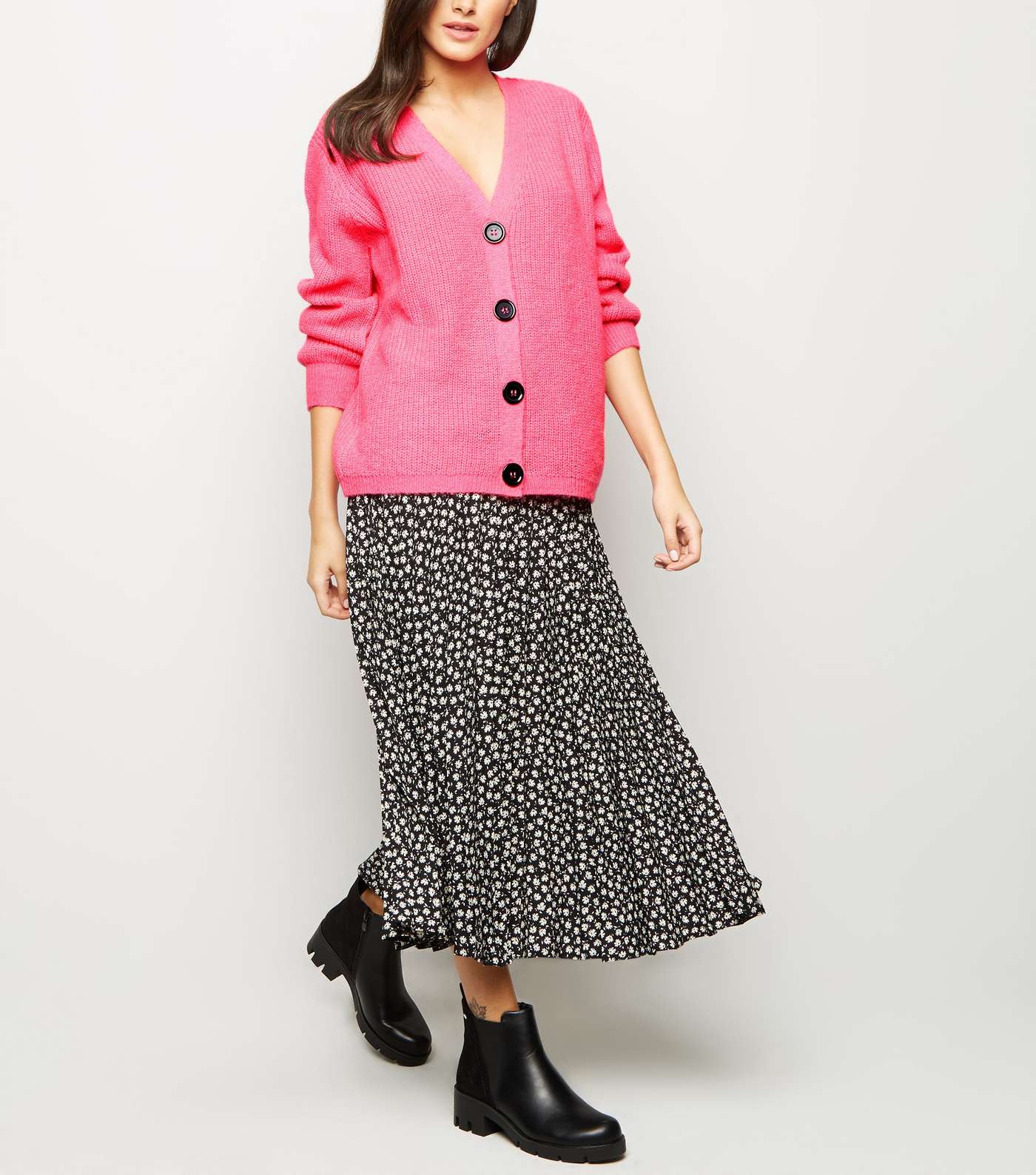 Bright Pink Rib Knit Button Through Cardigan Image 2