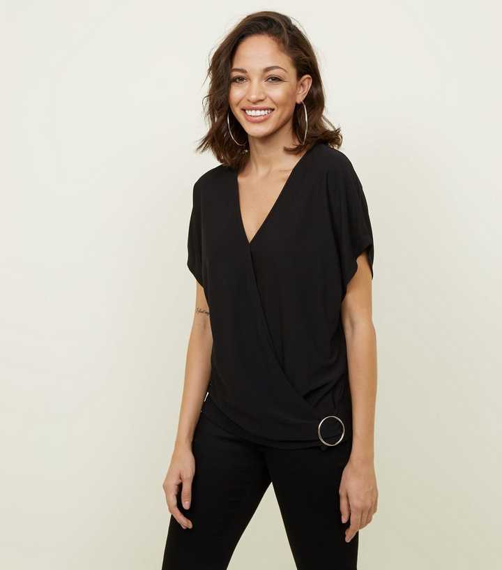 Black Crepe Wrap Buckle Side Top