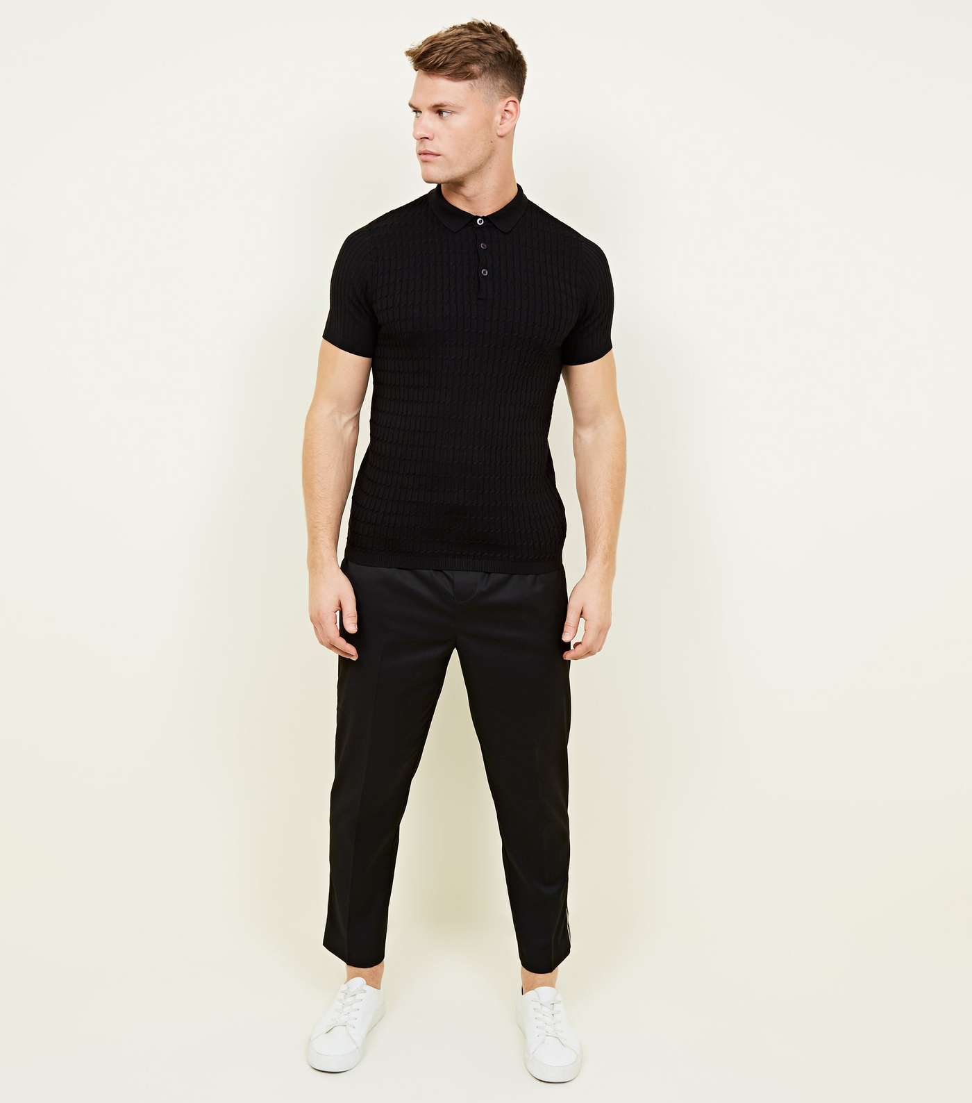 Black Cable Knit Polo Shirt Image 2