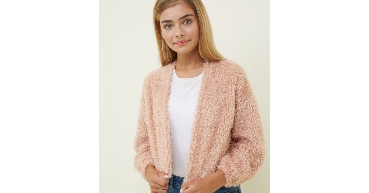 Girls Pale Pink Fluffy Cardigan New Look
