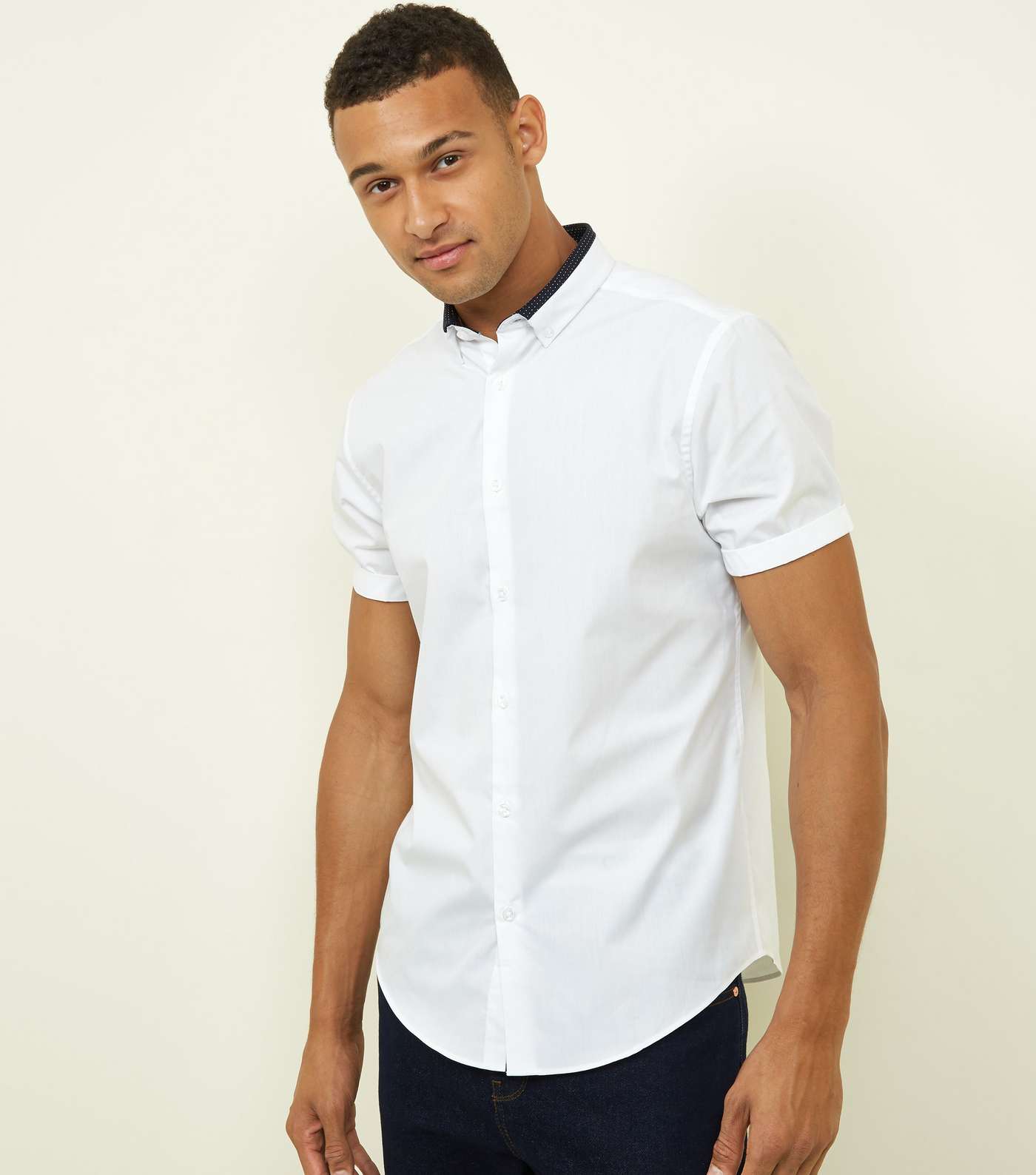 White Contrast Collar Button Down Shirt