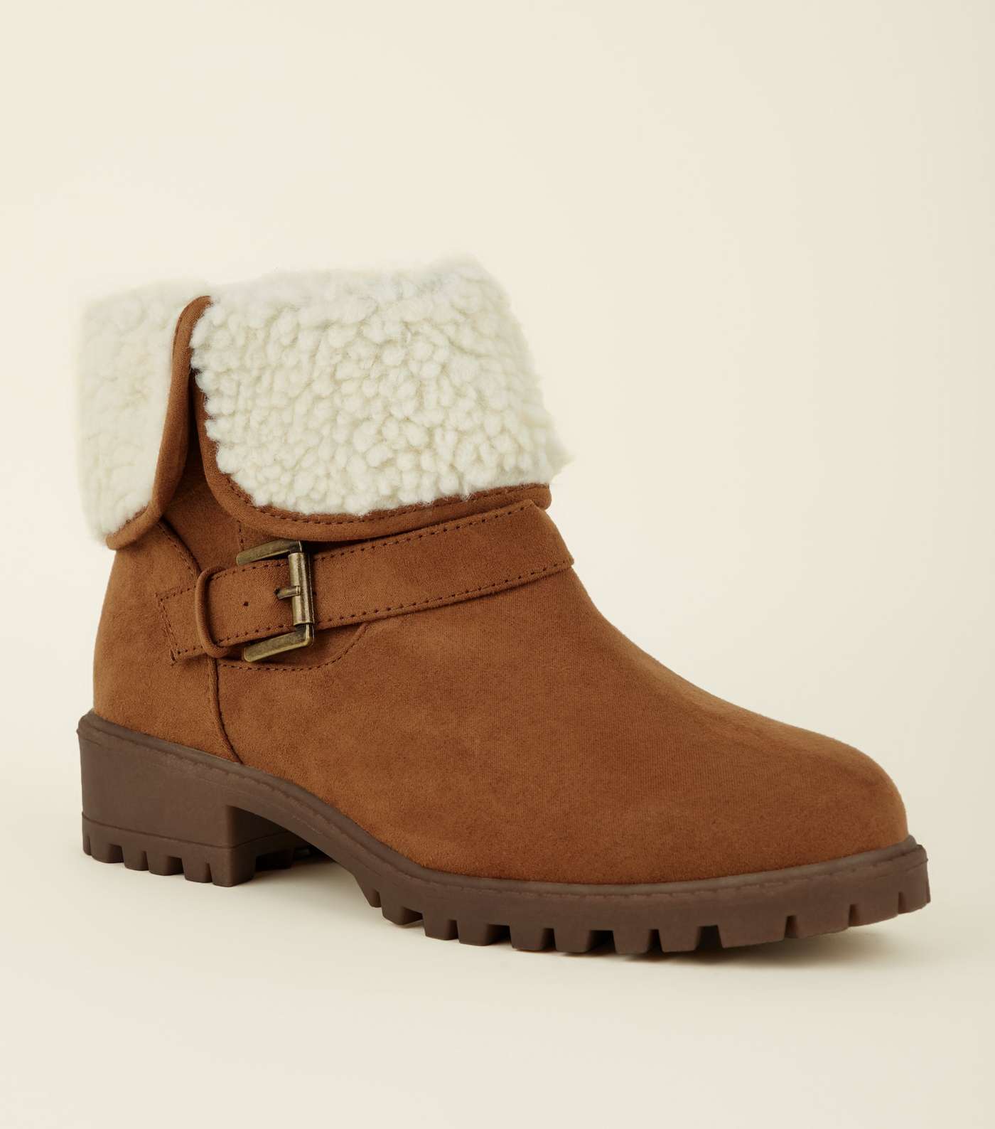 Girls Tan Suedette Teddy Lined Ankle Boots