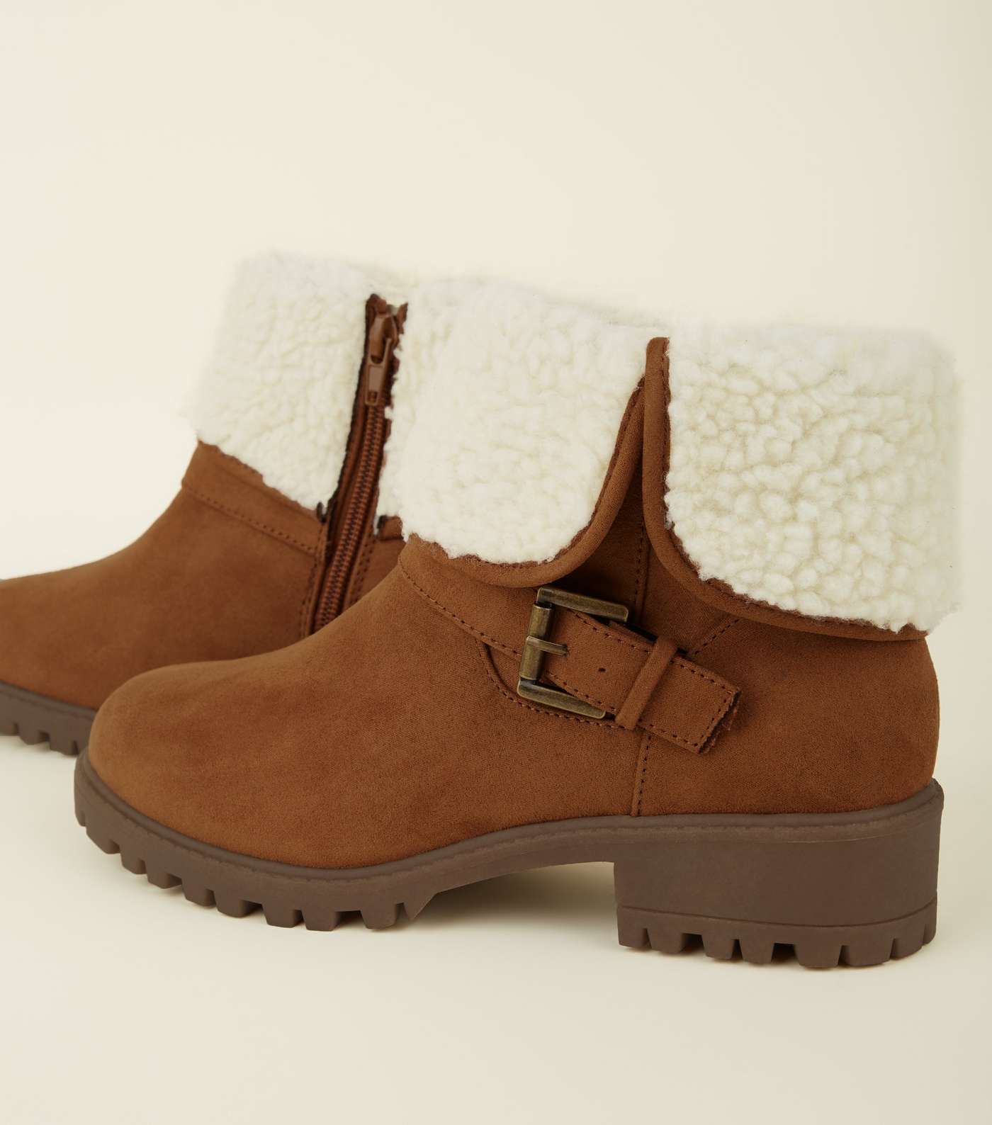 Girls Tan Suedette Teddy Lined Ankle Boots Image 3