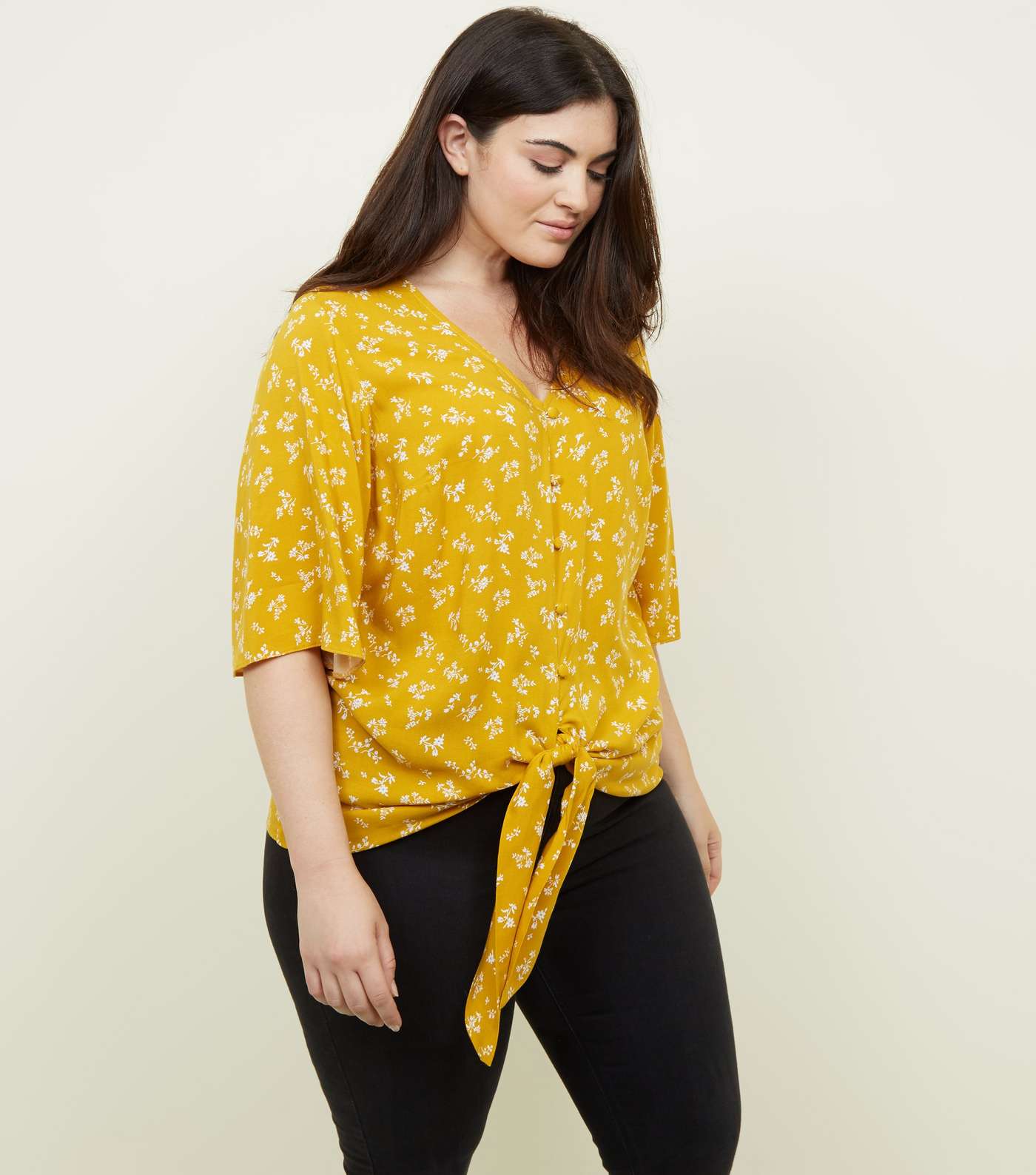 Curves Yellow Floral Button Tie Front Top 