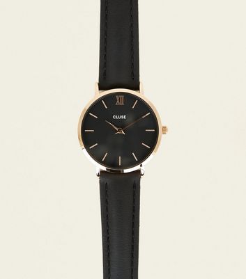 Cluse Black Leather Strap Minuit Watch | New Look