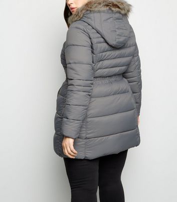 Curves Grey Faux Fur Trim Belted Puffer 