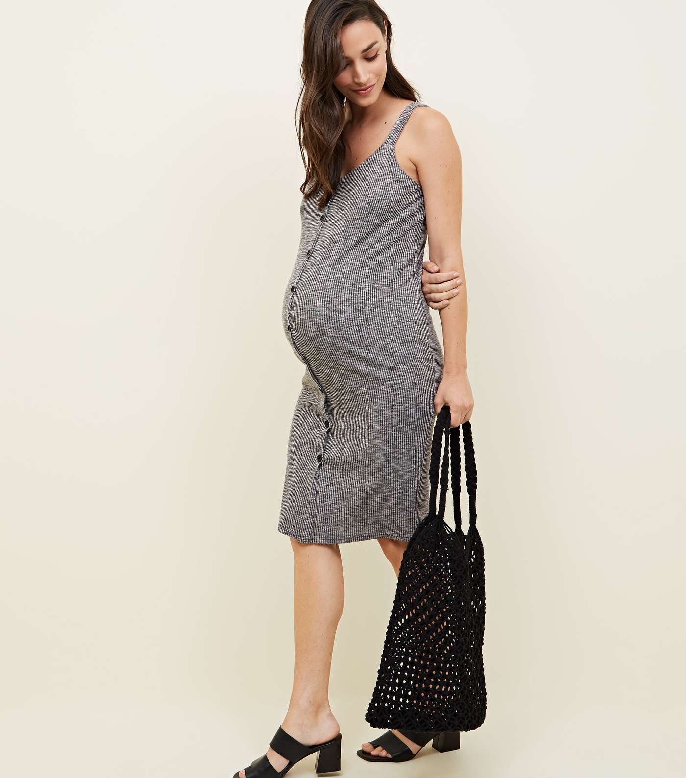 Maternity Grey Ribbed Button through Midi Dress Image 2