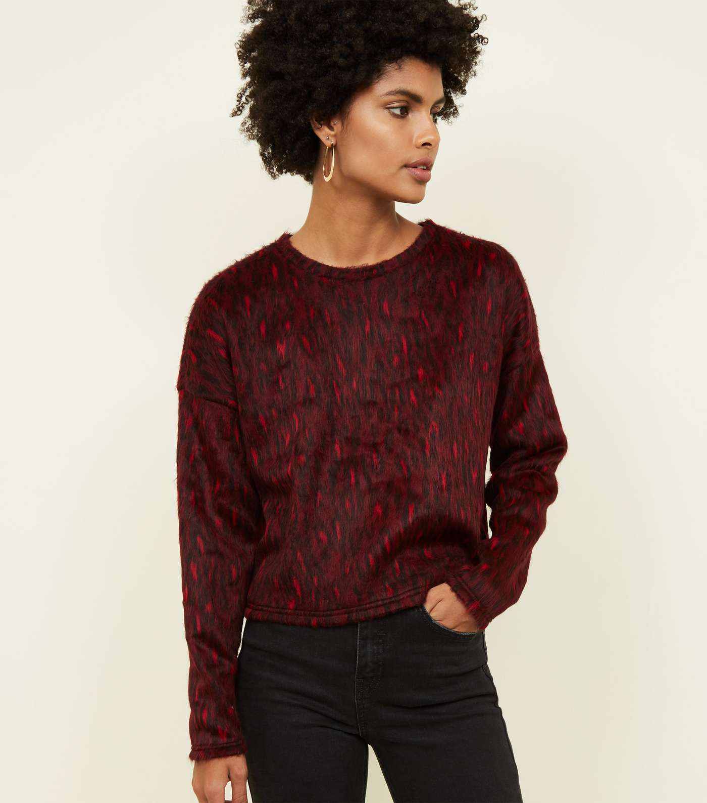 Red Brushed Fine Knit Leopard Print Top